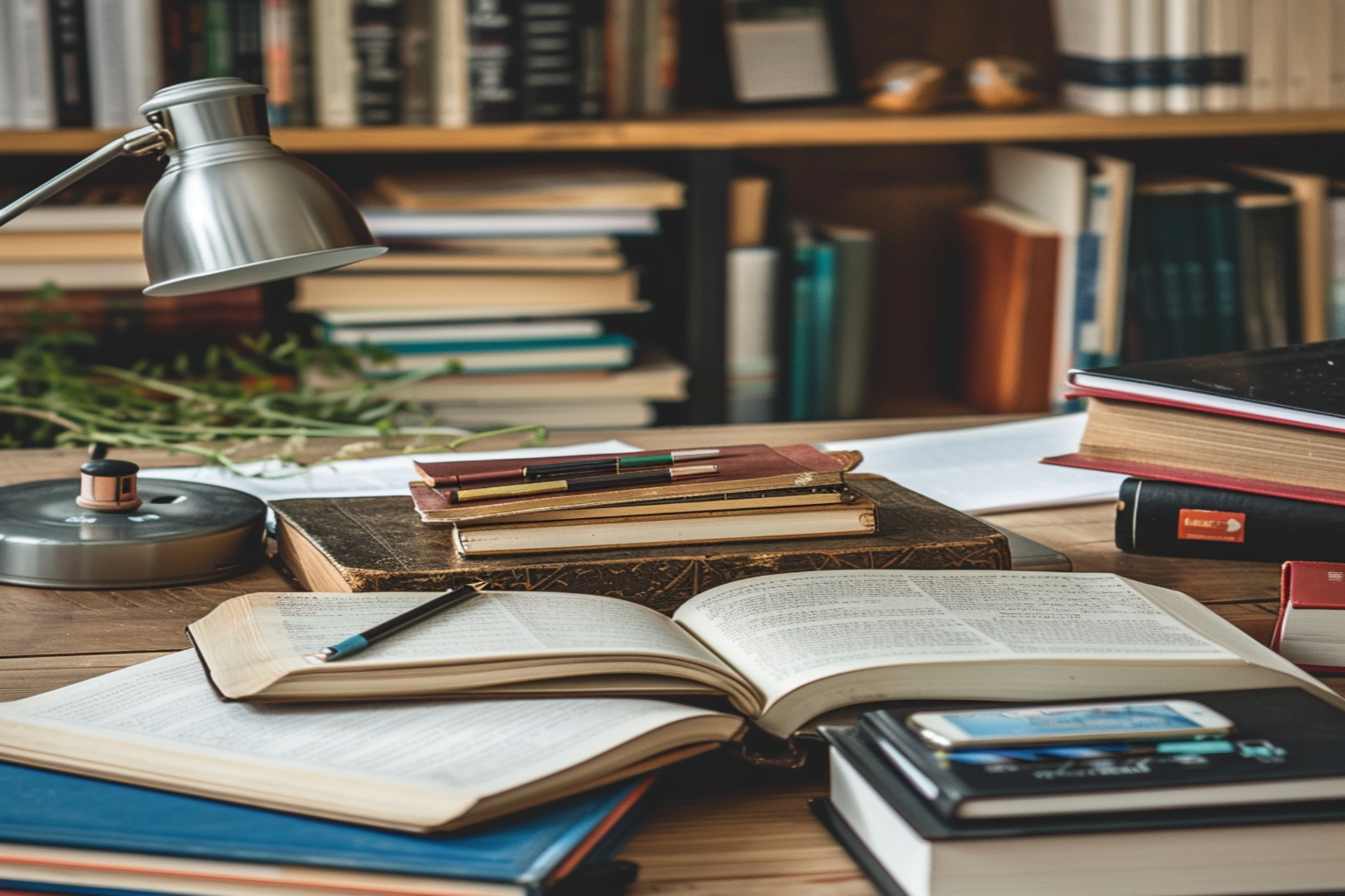 Ein gut beleuchteter Studierplatz mit einer Schreibtischlampe, die über einem offenen, mit Notizen versehenen Buch scheint. Mehrere gestapelte Bücher verschiedener Größen und Farben liegen neben dem Buch, einige mit Lesezeichen. Im Hintergrund ist ein Bücherregal voller Bücher zu sehen, was auf eine umfangreiche Forschungs- oder Studienarbeit hindeutet.